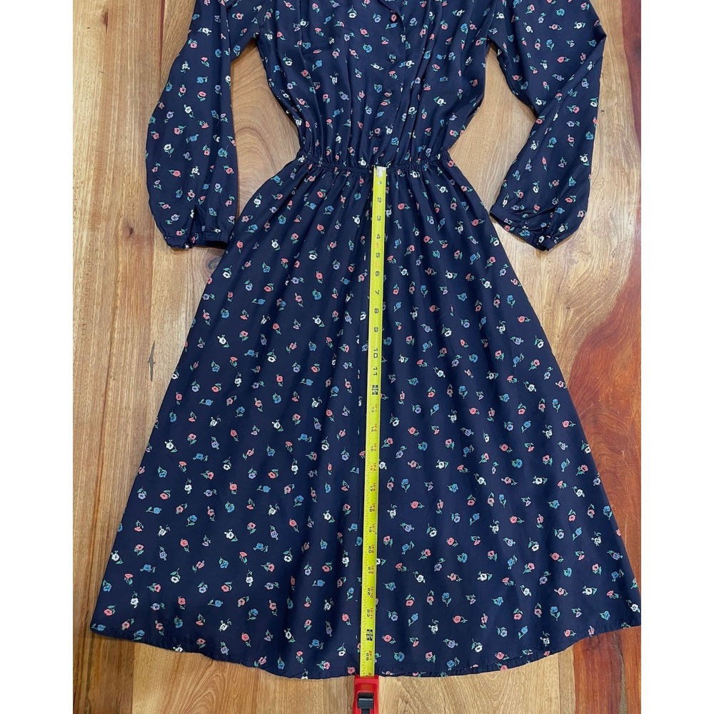 Vintage Tiger Flower Navy Blue Floral Midi Dress Elastic Waist Long Sleeve 80s - Picture 2 of 14